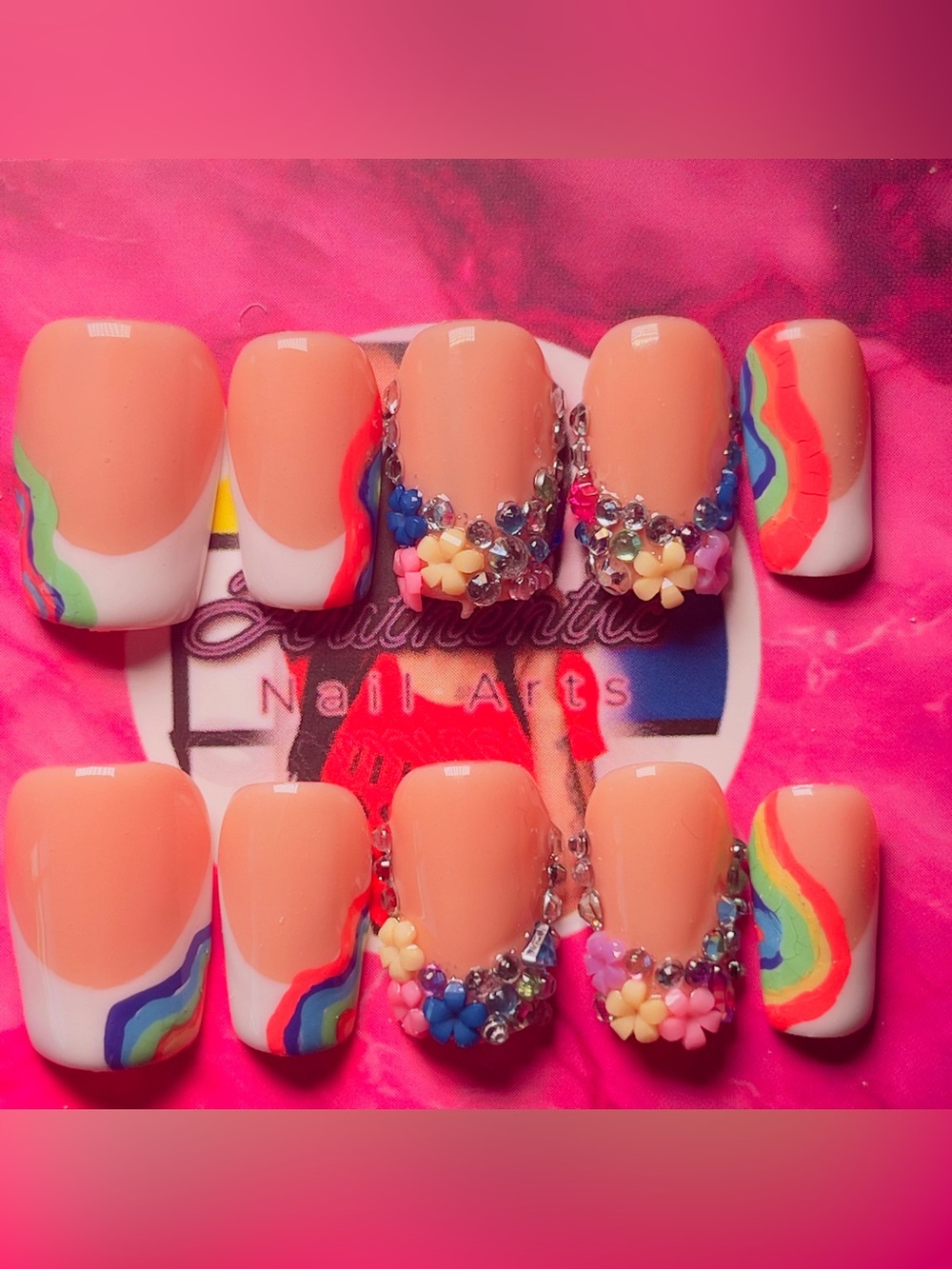 Rainbow white French tip Press-On Nails with Floral Gems